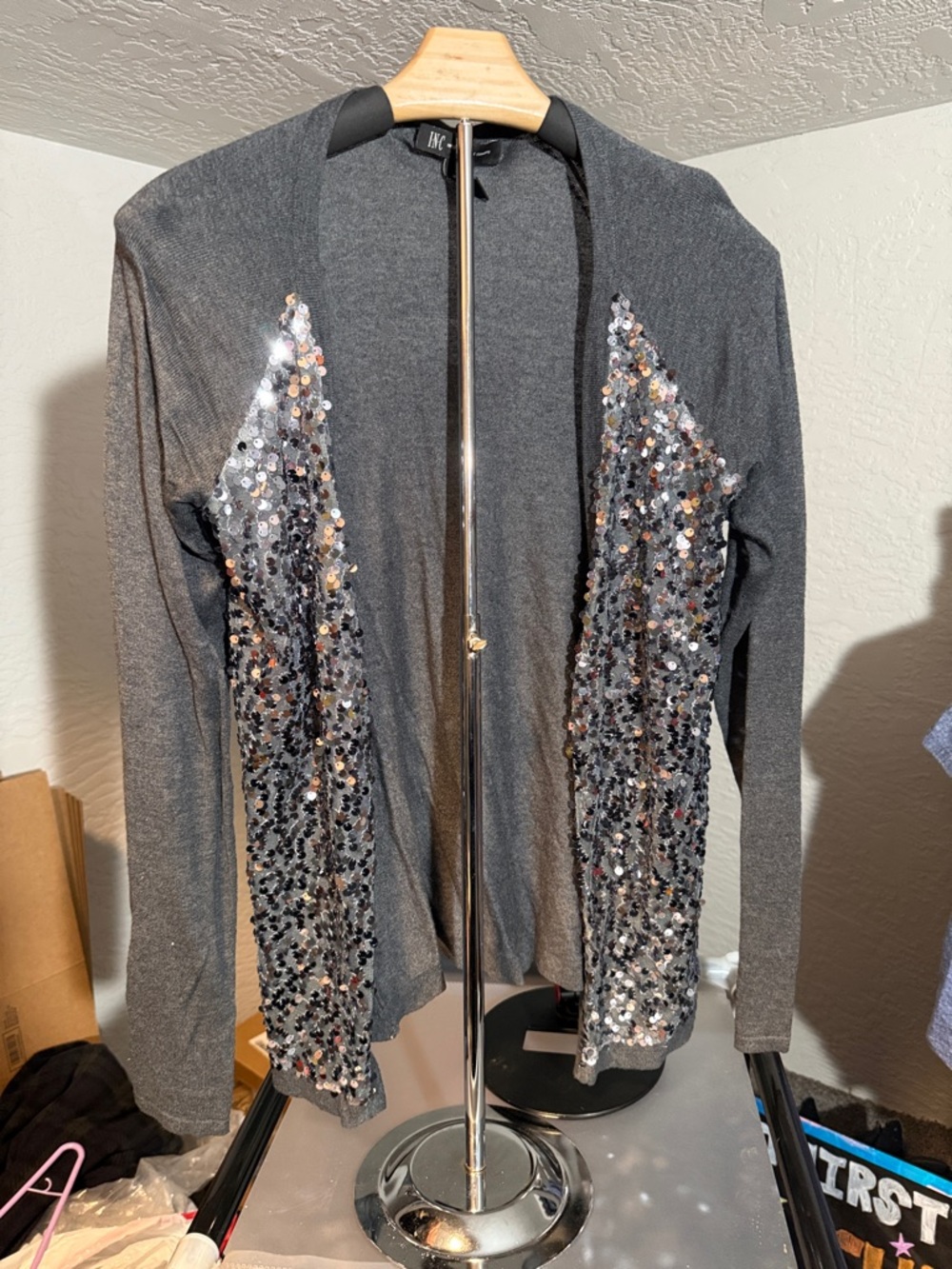 INC International Concepts Charcoal Open-Front Cardigan with Metallic Accents